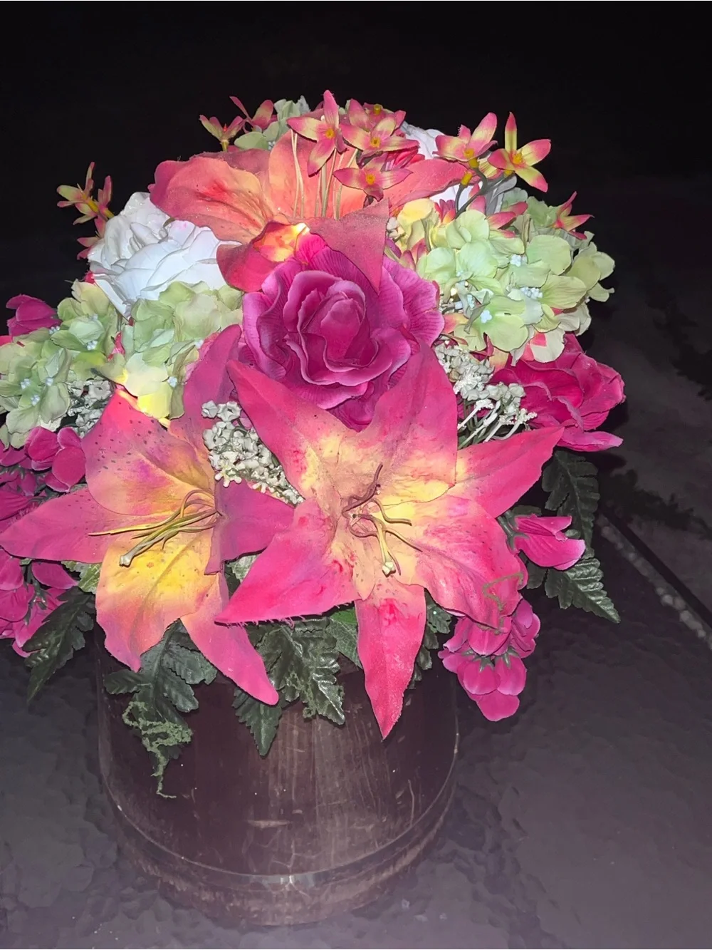 Vintage Basketville Putney Vermont Wooden Bucket Floral Arrangement with Lights
